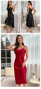 Détail de nuisette mi-longue en satin avec col en V et fines bretelles en rouge et noir