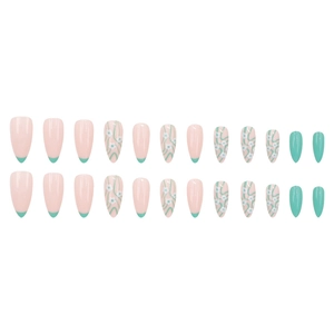 Light green floral almond press-on nails with French tips and wave pattern set