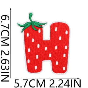 Detail of strawberry letter H embroidery patch showing size 6.7cm by 5.7cm dimensions