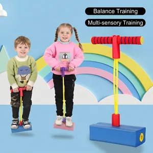 Blue foam pogo jumper for kids with red handles and yellow elastic bungee ropes
