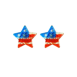 Close-up of sparkling star-shaped earrings with American flag pattern for July 4th