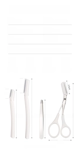 Detail view of a 4-piece stainless steel eyebrow grooming kit with dimensions and cream handles