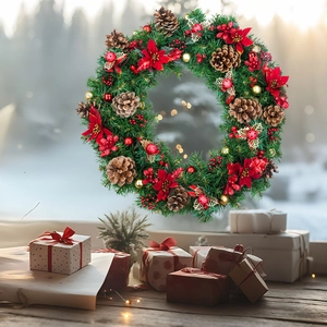 Christmas wreath with red poinsettia and gold balls hanging on a window with gift boxes