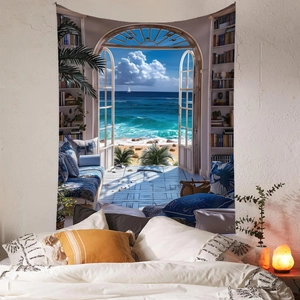 Detail of 3D window ocean view tapestry with a nautical shelf scene in bedroom decor