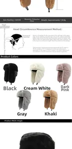 Detailed size guide and material specs for plush earflap trapper hats in five colors