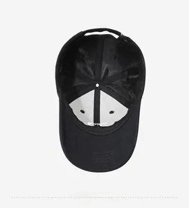 Close-up of the internal structure of black baseball cap with white reinforcement fabric