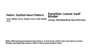 Quilted heart binder notebook dimensions 12x16x2cm with soft fabric material details