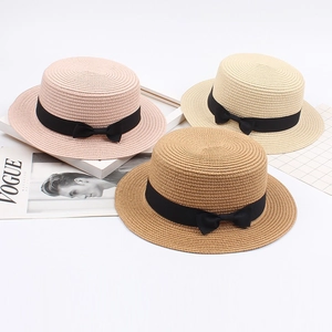 Summer Women Men Flat Top Straw Hat Vintage Bowknot Sun Hat Beach Woven Boater Hat Casual UV Protection Sunhat