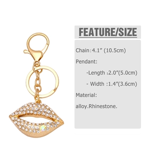 Vue détaillée du porte-clés lèvres en strass avec dimensions pour accessoires de sac