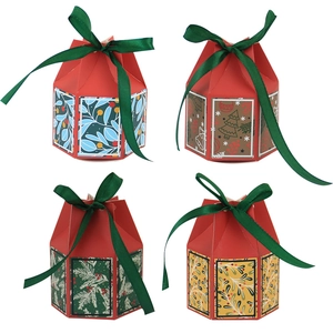 Christmas Candy Box Gift Packaging Hexagonal Red Cardboard Folding Decorative Ribbon Closure Festive Party Ornament