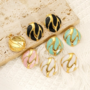 Vintage irregular gold square stud earrings with colorful enamel wave textures on stone