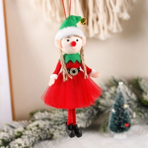 Christmas elf girl ornament with red green fabric dress and bells for tree decor