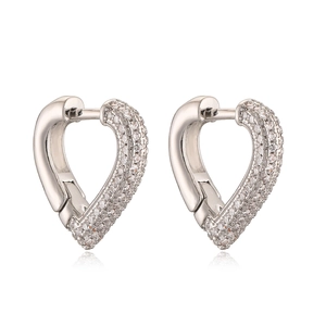Detailed view of heart earrings with silver plating and sparkling pavé zircon stones