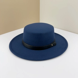 Dark blue flat top wool fedora hat featuring a black leather belt and gold stud