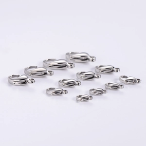 Detailed arrangement of polished silver metal lobster clasps in various sizes for DIY crafts
