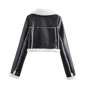 Back view of a cropped black faux leather jacket with white shearling trim and fur collar