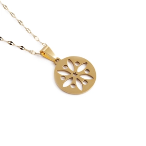 Gold stainless steel necklace with round hollow flower and starfish charm pendant