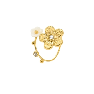 18K gold-plated titanium ring with white shell flower and sparkling zircon stone accents