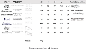 Detailed size guide and fabric specifications for the casual contrast scarf blazer jacket