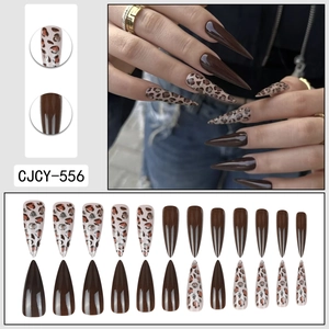 Brown and leopard print stiletto press-on nails with silver glitter accents 24pcs set