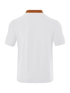 Close-up of men's white shirt back with textured jacquard fabric and brown collar detail