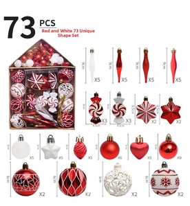 Detailed breakdown of 73-piece red and white Christmas ornament set with various shapes