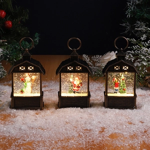 Vintage bronze Christmas lanterns with snowman and Santa scenes, LED lighted glitter globe