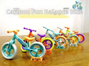 Five colorful mini cartoon balancing car toy models with display stands on wood surface