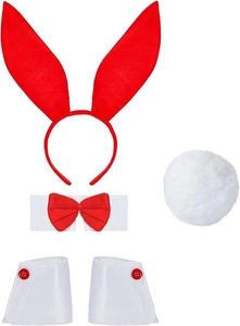 Close-up of red bunny ears headband, bow tie, white cuffs and fluffy tail accessory set