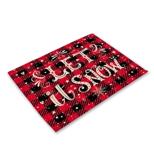 Christmas red plaid cotton linen placemat with Let It Snow slogan and snowflake design