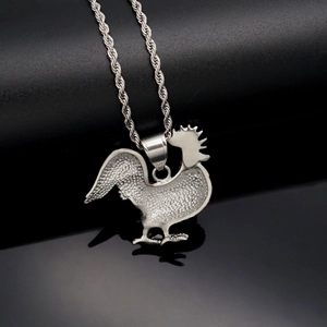 Hip hop rooster pendant necklace in silver stainless steel with textured finish and twist chain