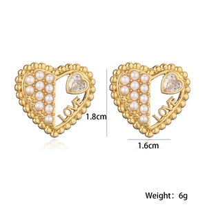 Fashion 18K gold plated heart stud earrings with pearls and zircon stones for women