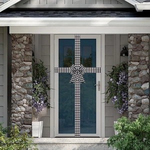 Detail of buffalo plaid Christmas door ribbon with center bow for festive home decor