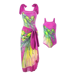 Matching mother daughter pink lemon print swimsuit and sundress set for summer beach holiday