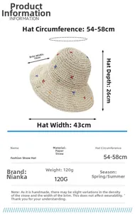 Size chart for wide brim straw hat showing dimensions and paper straw material details