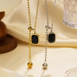 Asymmetric Pendant Necklace Stainless Steel With Black Rectangular Gemstone Adjustable Drawstring Y Shape Women Jewelry