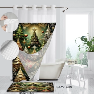 Detailed Christmas tree print on waffle shower curtain and matching 60x40cm non-slip bath mat