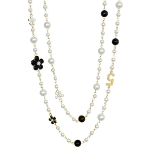 Multilayer long pearl necklace with camellia flowers and gold number 5 pendant