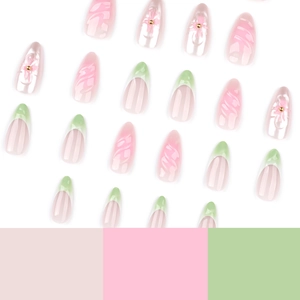 French green gradient almond press-on nails with 3D floral accents and golden beads