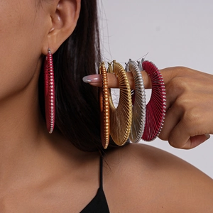 Bohemian geometric woven hoop earrings for women in red, brown, gold and silver