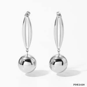 Polished silver stainless steel drop earrings featuring hollow oval and solid ball design