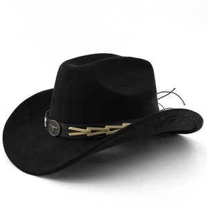 Close-up of black suede cowboy hat with leather band, gold chain and bull head emblem