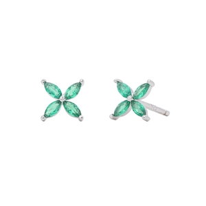 Detail of 925 sterling silver flower earrings featuring green marquise-cut zircons