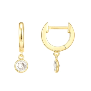 Close-up of gold hoop earrings featuring clear round cubic zirconia charms on white background