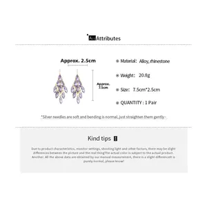 Detailed size specifications for purple rhinestone leaf tassel earrings with alloy material