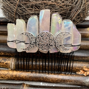 Handmade Bohemian natural crystal hair comb with iridescent moon-themed quartz stones