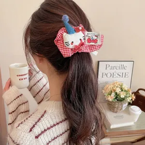 Cartoon Cat Gingham Fabric Hair Clip With White Ribbon Bow Sweet Plush Decor Twist Clip For Women Girls
