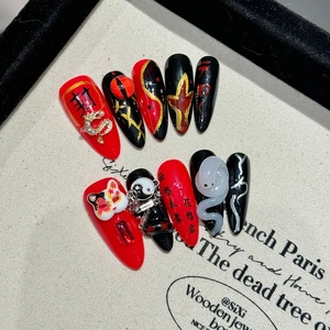 Handmade Press On Nails Long Stiletto Red Black Gothic Chinese Style Dimensional Snake Cat Mask Taiji Luxury Artificial Nails