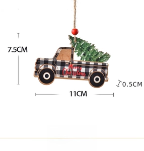 Detail view of wooden Christmas truck ornament with dimensions 11cm by 7.5cm