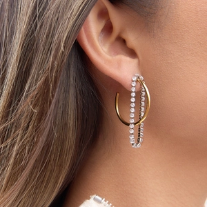 Minimalist 18K gold stainless steel C-hoop earrings with layered clear zircon stones